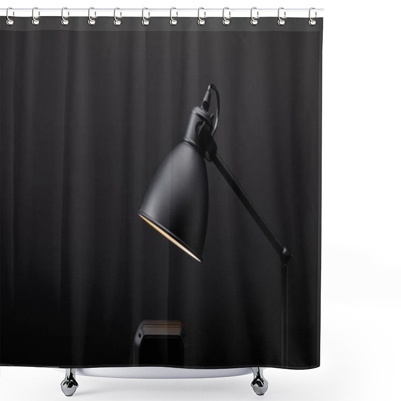 Personality  Close Up View Of Black Audio Speaker And Lamp On Black Wall Backdrop Shower Curtains