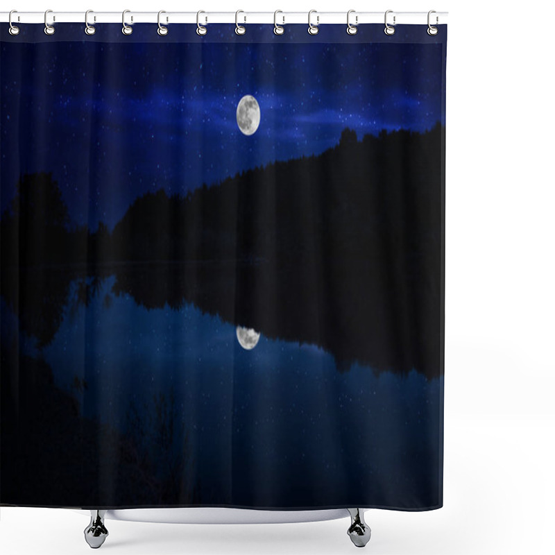 Personality  This Dramatic Moon Rise In A Deep Blue Night Time Sky Is Accented By Highlighted Clouds And Beautiful, Calm Lake Reflection.Selective Focus Shower Curtains