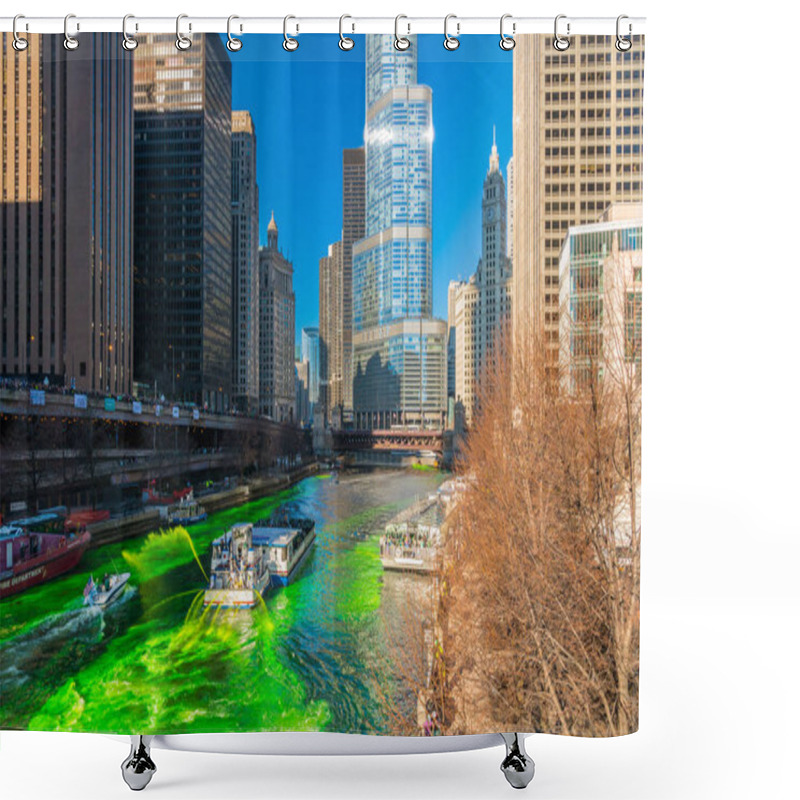 Personality  CHICAGO, USA - MAR 2019 :  Unrecognizable People And Tourist On The Yacht Running Over The Chicago River Walk In Saint Patrick's Day With Green Color River On March 16, 2019, In Chicago, Illinois, USA Shower Curtains