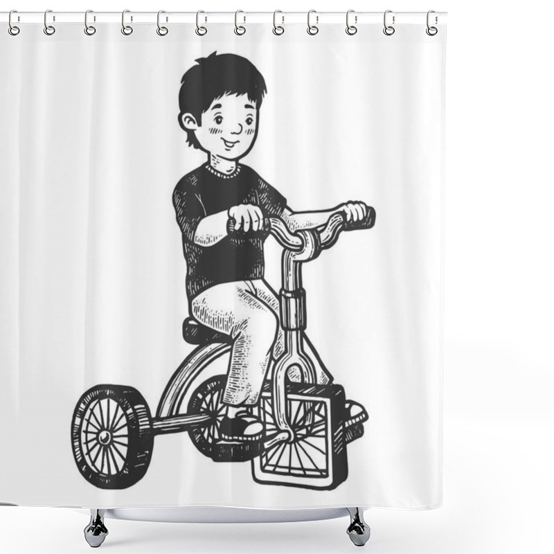 Personality  Boy Kid On Children Tricycle With Square Wheels Sketch Engraving Vector Illustration. Scratch Board Style Imitation. Hand Drawn Image. Shower Curtains