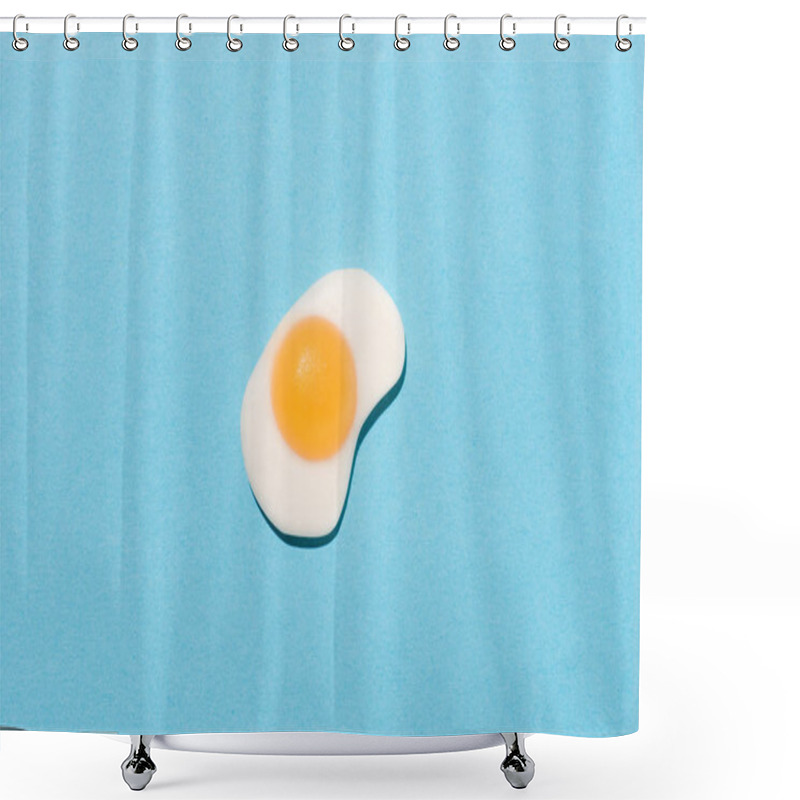 Personality  Top View Of Gummy Candy In Shape Of Fried Egg On Blue Shower Curtains