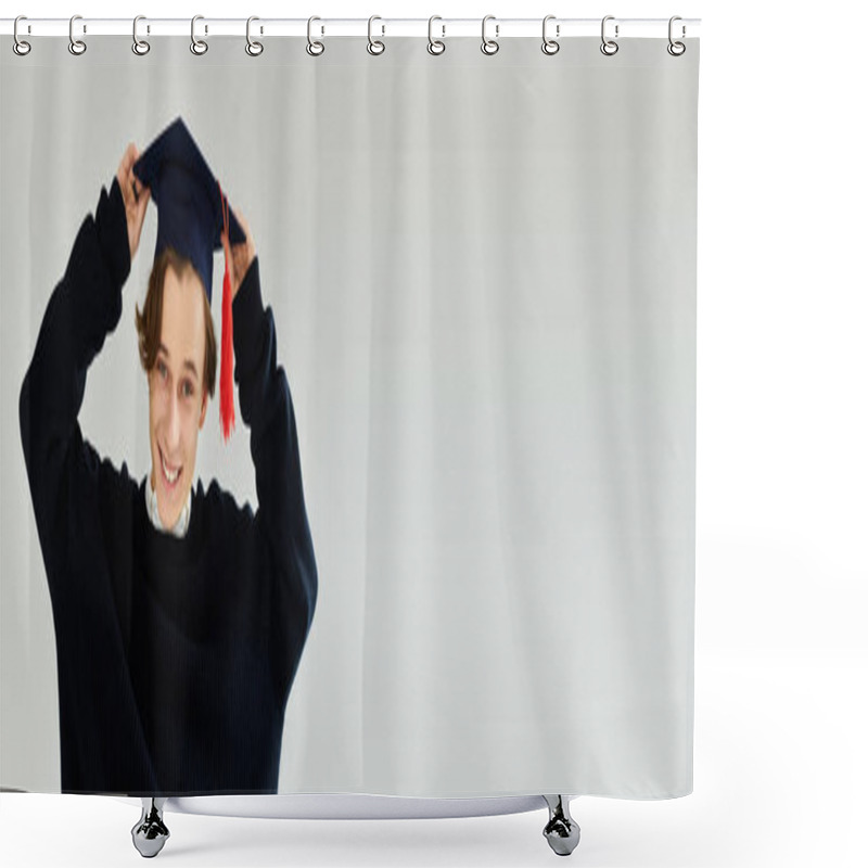 Personality  A Handsome Young Man Adjusts His Graduation Cap With A Smile, Marking His Academic Achievement, Banner Shower Curtains