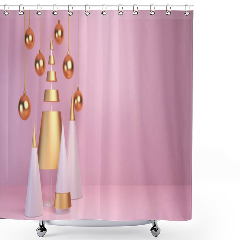 Personality  3d Rendering Christmas Balls, Concept Gold Fir Tree, Greeting Card Holiday Christmas And New Year Shower Curtains