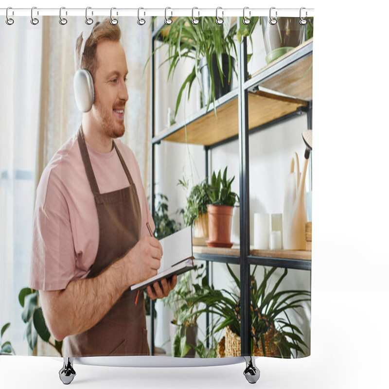 Personality  A Man Wearing Headphones Stands In Front Of A Shelf In A Plant Shop, Immersed In His Own World. Shower Curtains