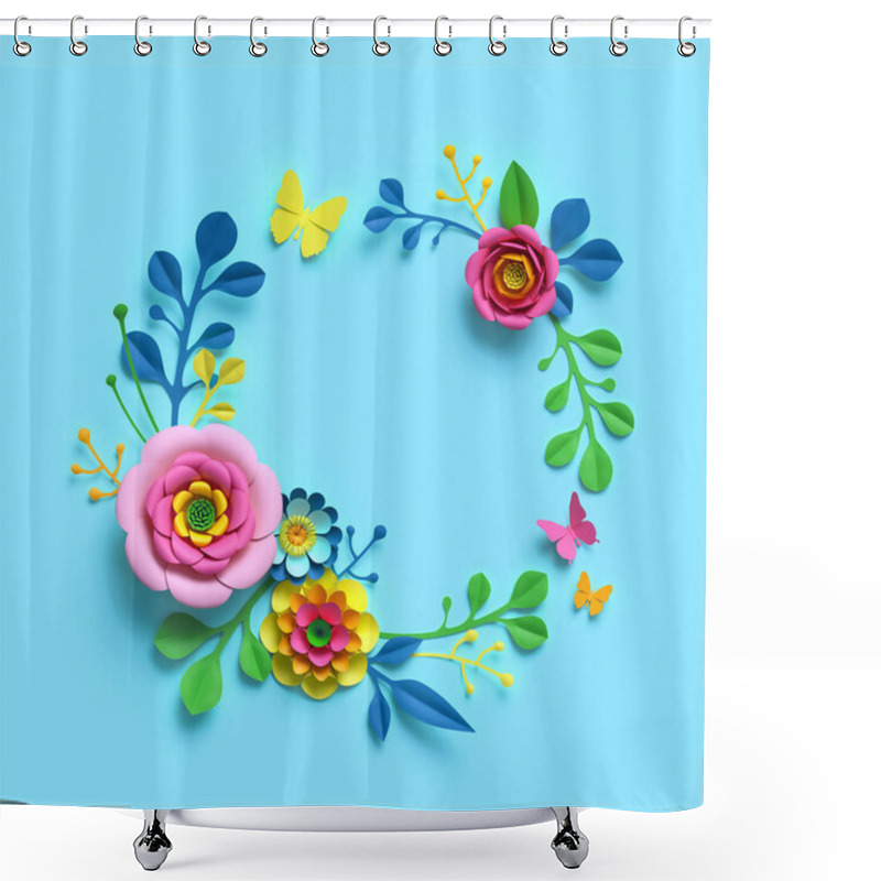 Personality  3d Render, Craft Paper Flowers, Round Floral Wreath, Botanical Arrangement, Blank Space Frame, Bright Candy Colors, Nature Clip Art Isolated On Sky Blue Background, Decorative Embellishment Shower Curtains