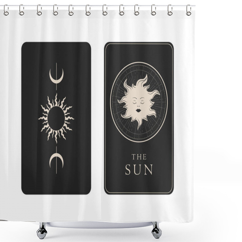 Personality  Tarot Card With Reverse Side. The Sun Major Arcana Symbol. Tarot Symbolism. Mystery, Astrology, Esoteric. Vector Illustration Shower Curtains