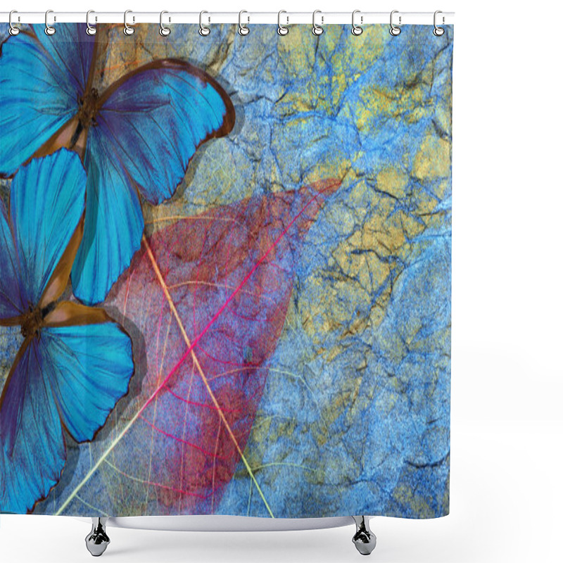 Personality  Creative Concept Of Blue Background. Abstract Natural Blue Background. Morpho Blue Butterflies And Transparent Leaves Texture Background. Transparent Purple Leaves.  Shower Curtains