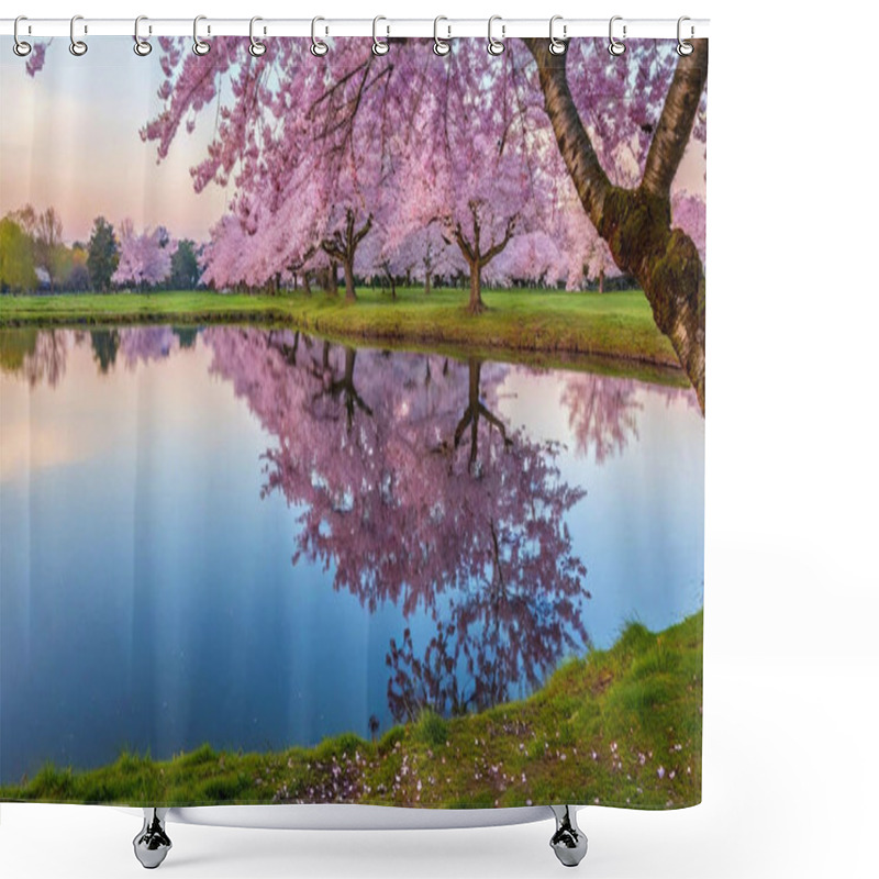 Personality  A Field Of Cherry Blossoms Extending Into The Horizon, Their Delicate Branches Stretching Towards A Pale Pink And Blue Sky. A Pond Sits At The Center, Its Mirror-like Surface Dotted With Fallen Petals Shower Curtains