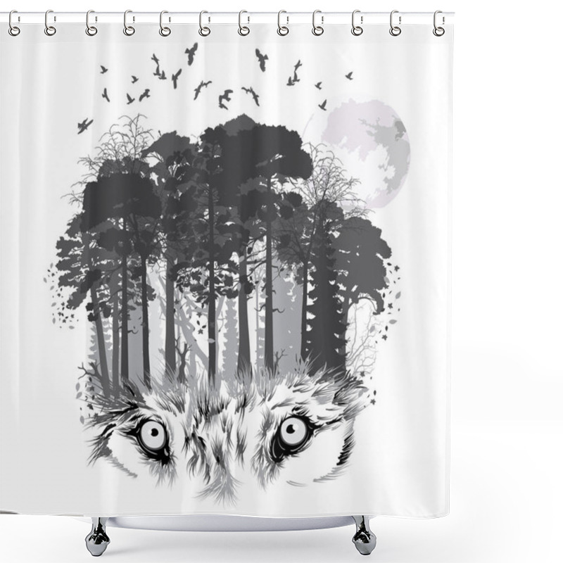 Personality  Wolf Silhouette On Forest Background Shower Curtains