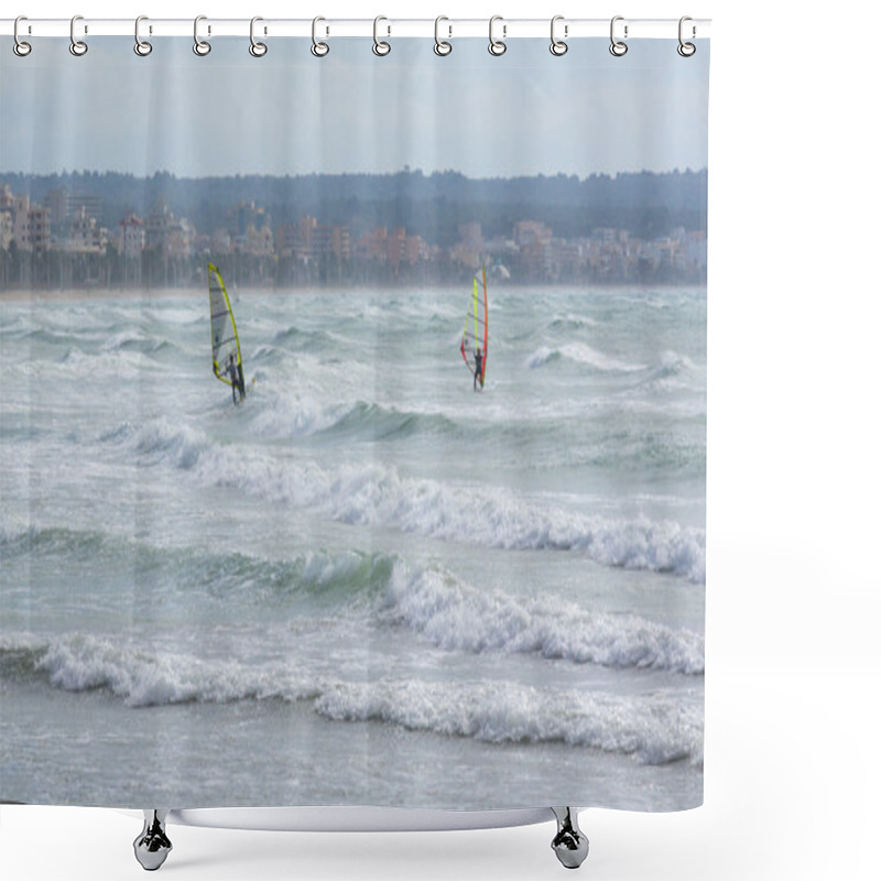 Personality  Two Windsurfers On Windy Playa De Palma Shower Curtains