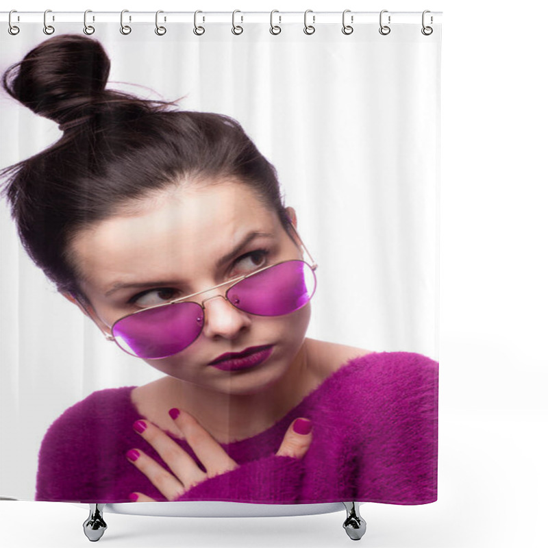 Personality  Girl In A Purple Sweater, Purple Glasses With Purple Lipstick On Her Lips Shower Curtains