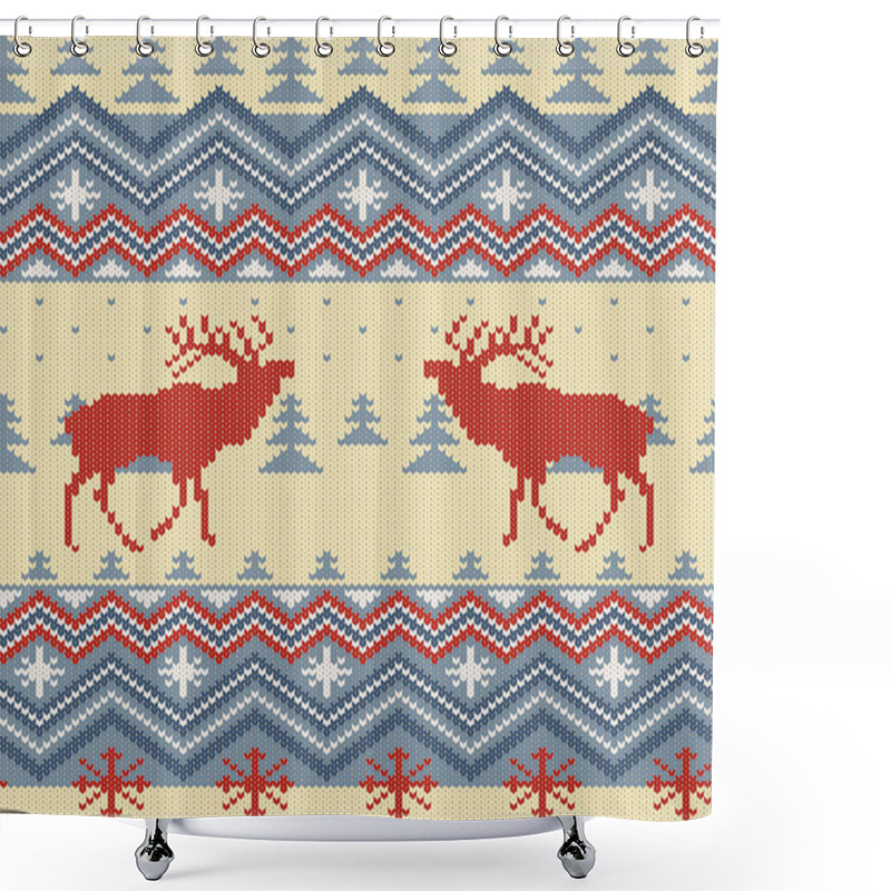 Personality  Winter Knitted Woolen Seamless Pattern With Red Deer In Conifer Forest Shower Curtains