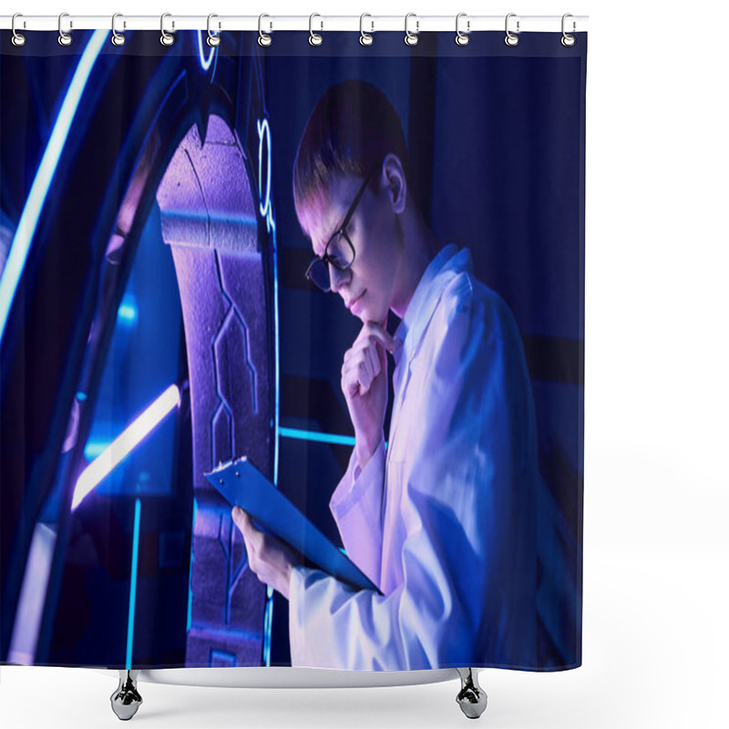 Personality  Futuristic Science, Discovery Center, Young Scientist With Clipboard Thinking At Innovative Device Shower Curtains