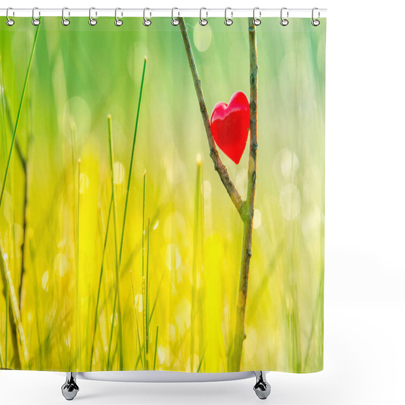 Personality  Red Heart In Nature With Wonderful Morning Drops Background And Beautiful Light. Original Wallpaper Or Postcard For Wedding Or Valentine Day, With Space For Quote. Shower Curtains