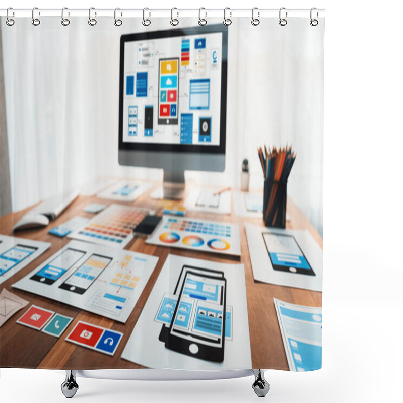 Personality  Digital And Paper Wireframe Designs For Web Or Mobile App UI UX Display On Laptop Computer Screen. Panoramic Shot Of Developer Workspace For Brainstorming And Design Application Framework. Scrutinize Shower Curtains