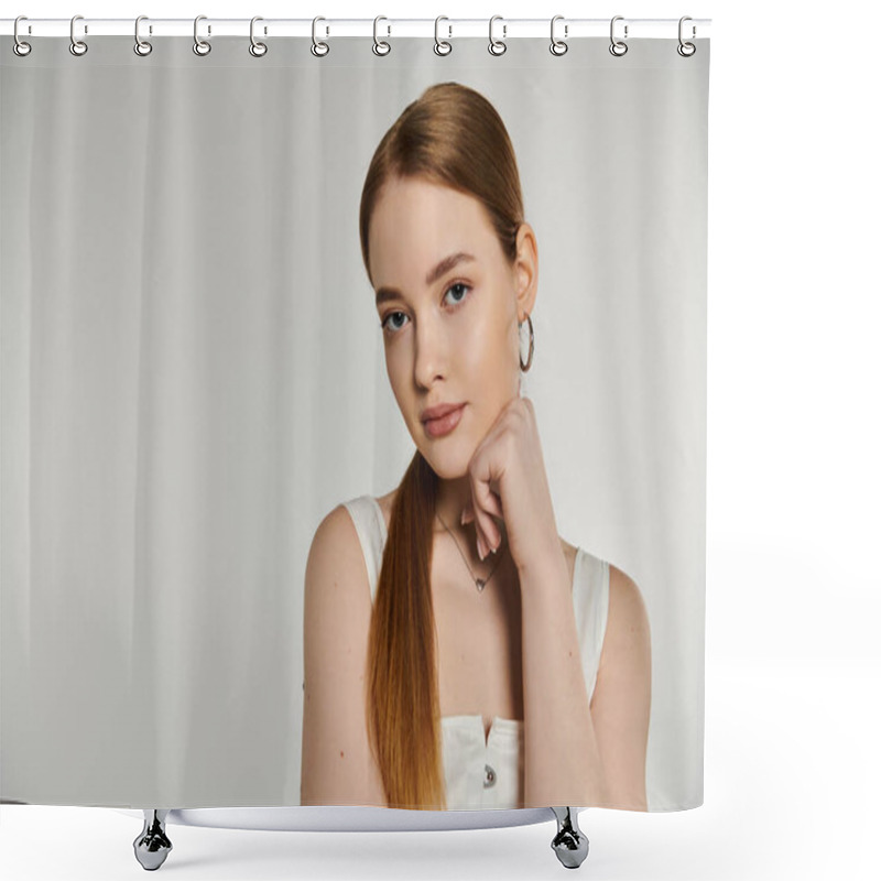 Personality  Woman With Long Red Hair Poses Against White Backdrop, Hand On Chin. Shower Curtains