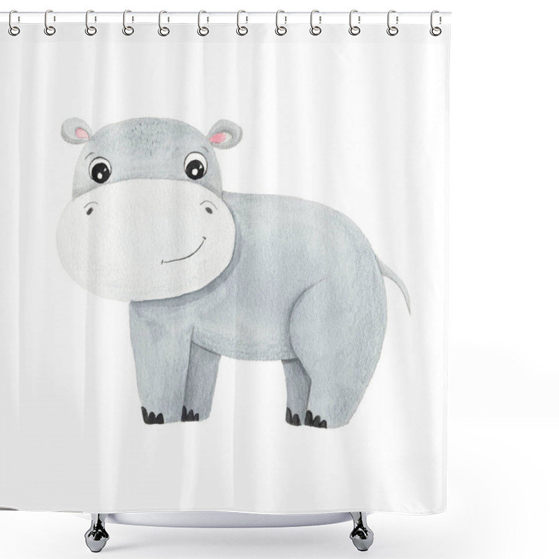 Personality  Watercolor Cute Cartoon Hippopotamus Animal Character Isolated On White. Hand Painted Exotic Tropical Little Baby Cat Perfect For Nursery Print Poster Design And Baby Shower Card Makin Shower Curtains