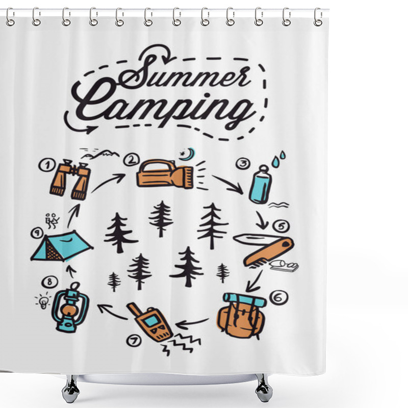 Personality  Summer Camping Poster. Tent, Campfire, Pine Forest And Rocky Mountains Background, Vector Illustration. Shower Curtains