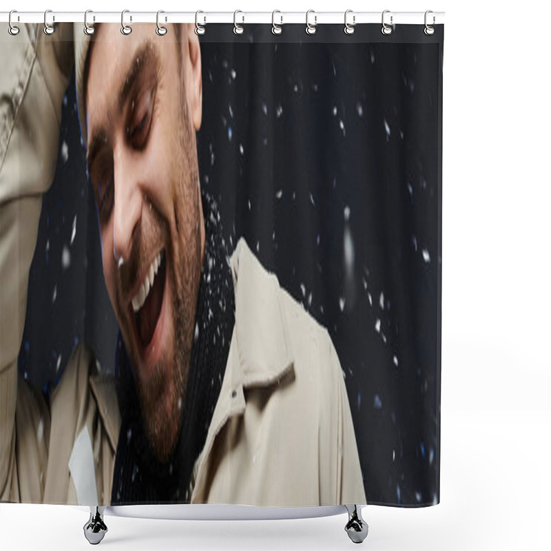 Personality  A Handsome Young Man Smiles Joyfully As Snowflakes Fall Around Him, Showcasing Winter Fashion. Shower Curtains