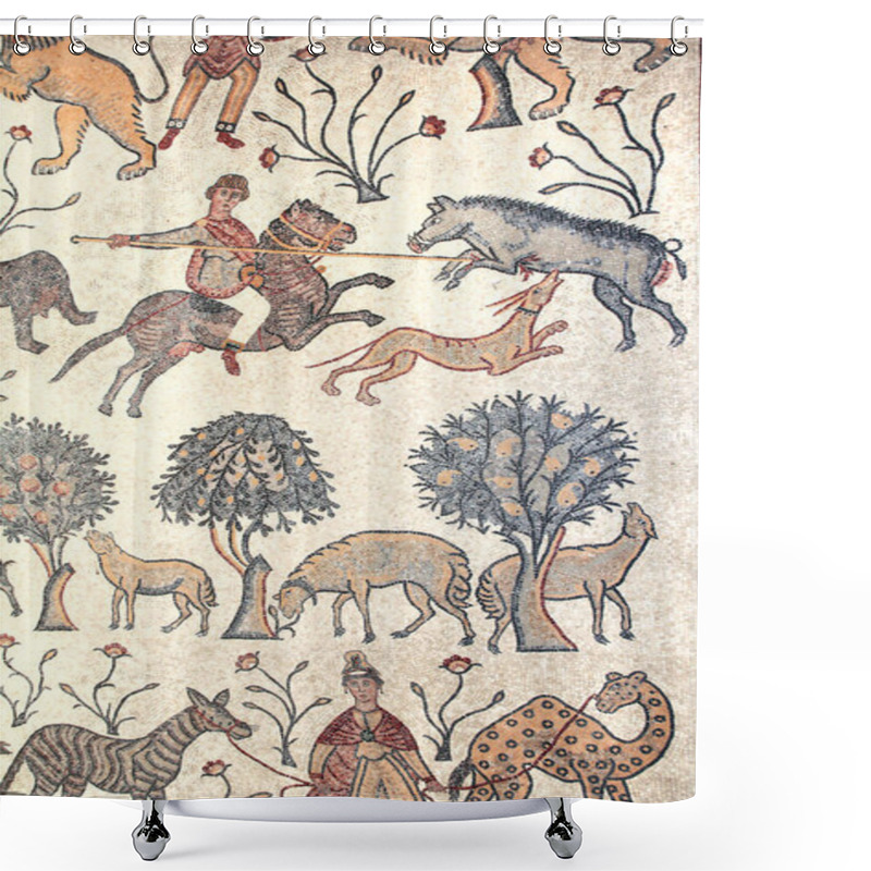 Personality  Ancient Byzantine Natural Stone Tile Mosaics With A Image Of Hunting On Wild Animals, Mount Nebo, Jordan, Middle East Shower Curtains