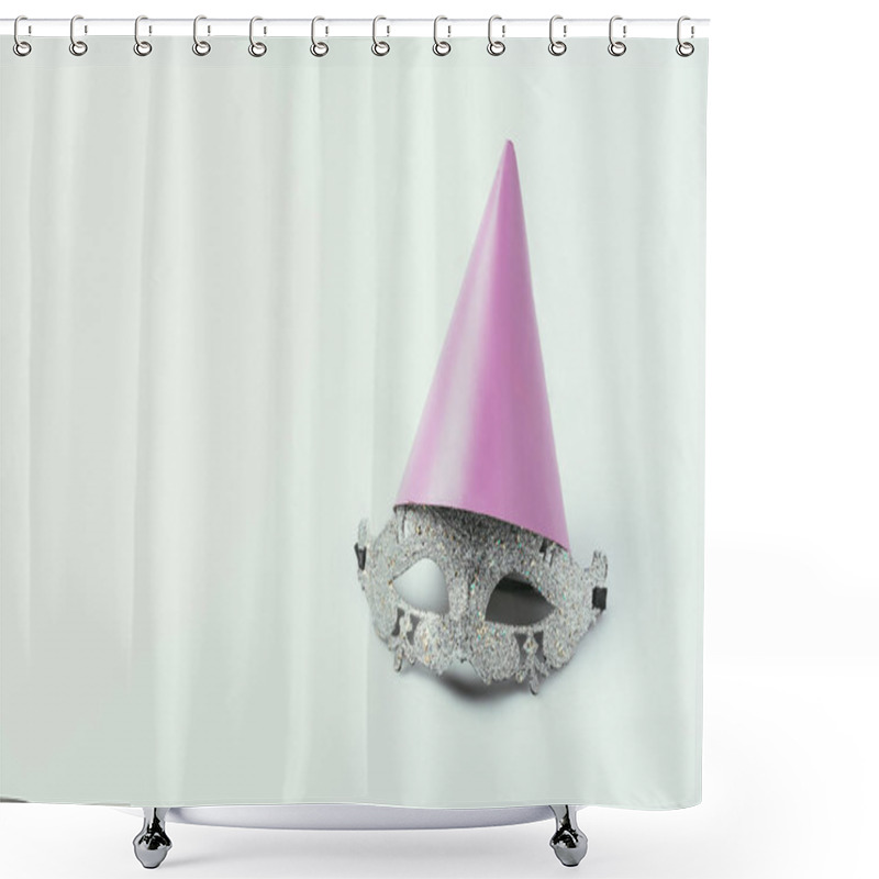 Personality  Close Up View Of Masquerade Mask And Party Cone Isolated On Grey Shower Curtains