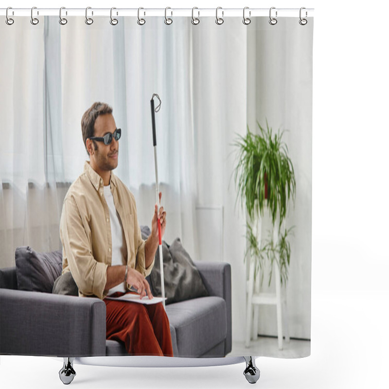 Personality  Joyful Indian Man With Visual Impairment With Glasses And Walking Stick Reading Braille Code Shower Curtains