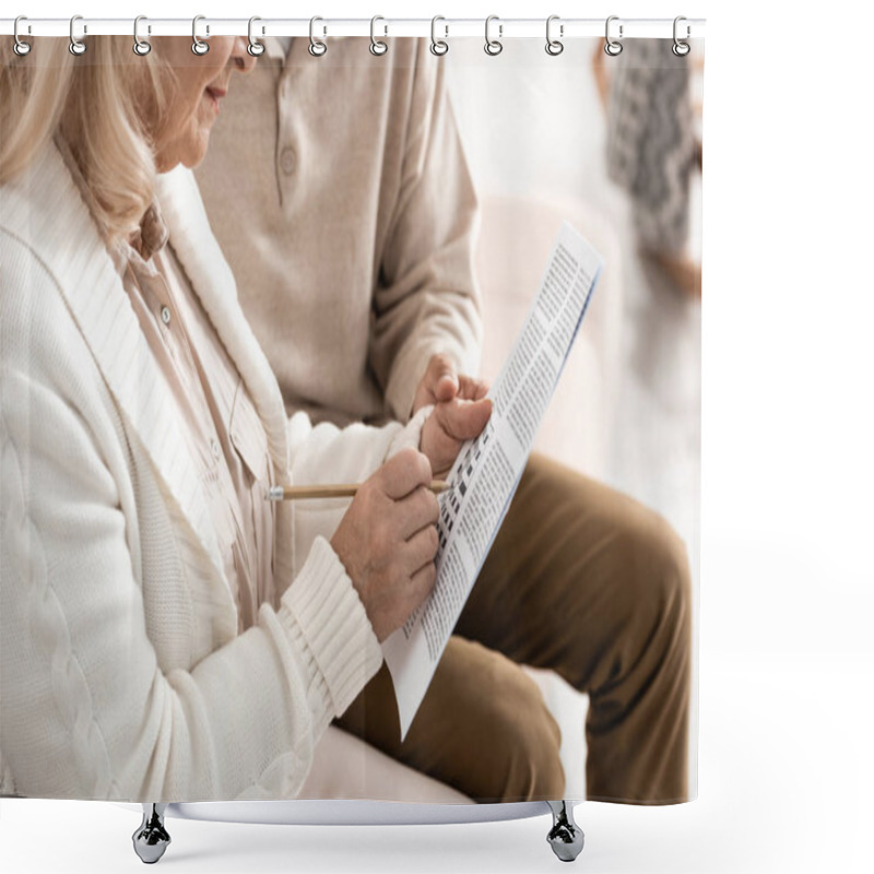 Personality  Cropped View Of Senior Man Sitting With Wife Solving Crossword  Shower Curtains