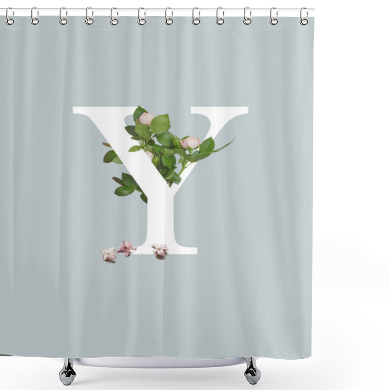 Personality  White Letter Y With Pink Flowers And Green Leaves Isolated On Grey Shower Curtains