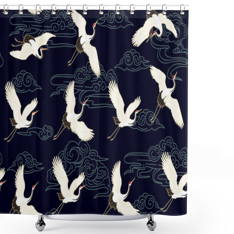 Personality  Seamless Pattern With Cloud Motives And Cranes Shower Curtains