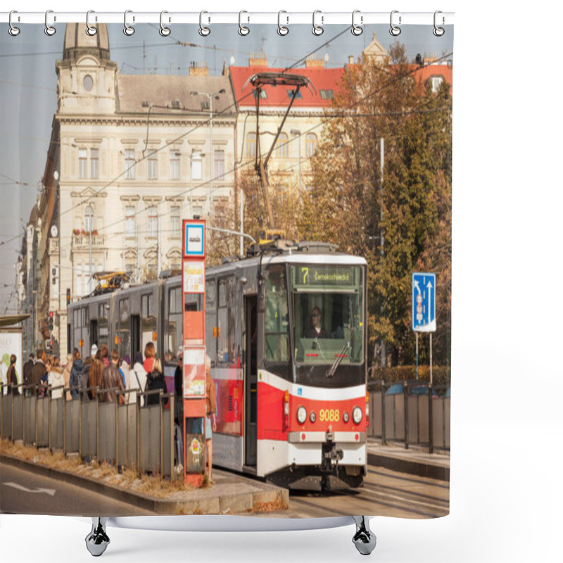 Personality  PRAGUE, CZECHIA - OCTOBER 31, 2019: Prague Tram, Or Called Prazske Tramvaje, Tatra KT8D5 Model, On Palackeho Namesti, Crowded With Commuters Managed By DPP, It's A Public Transporation Network Shower Curtains