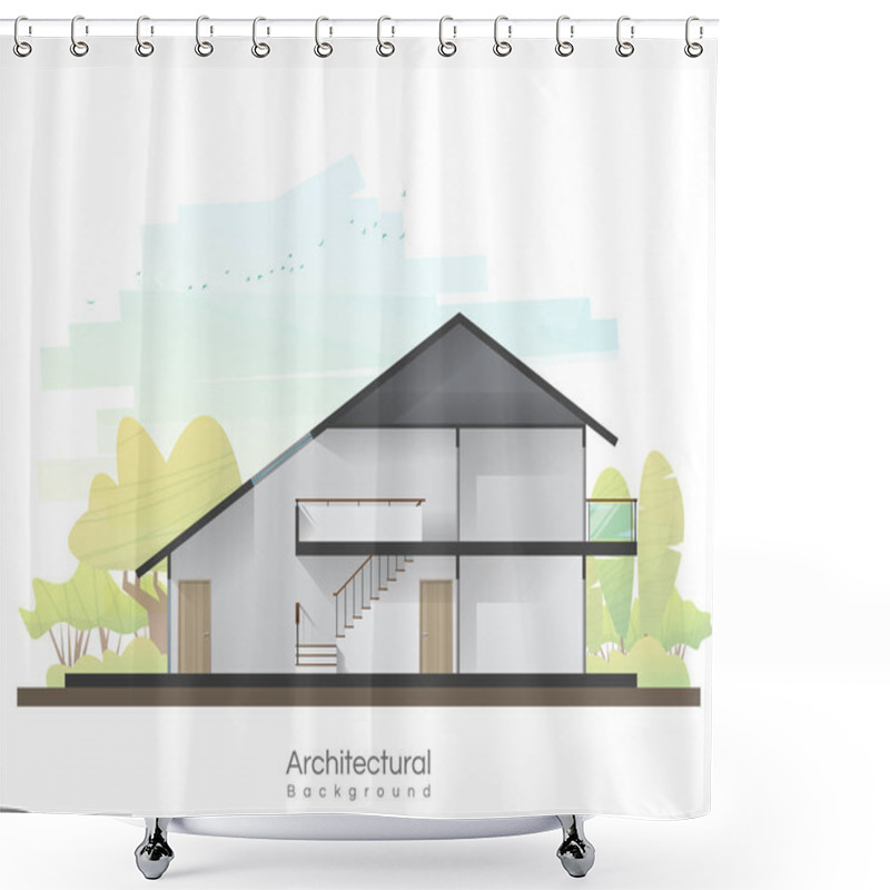 Personality  House Cross Section With Empty Room And Peaceful Landscape Background , Vector , Illustration Shower Curtains