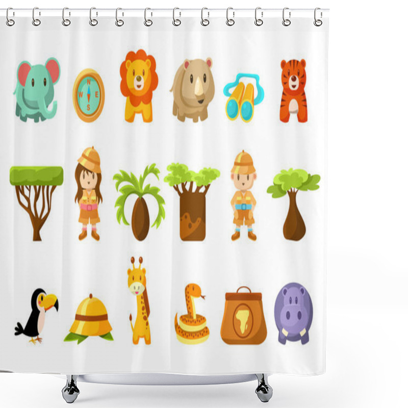 Personality  Safari Big Set, Kids And Funny African Animals, Birds, Trees Vector Illustration Shower Curtains