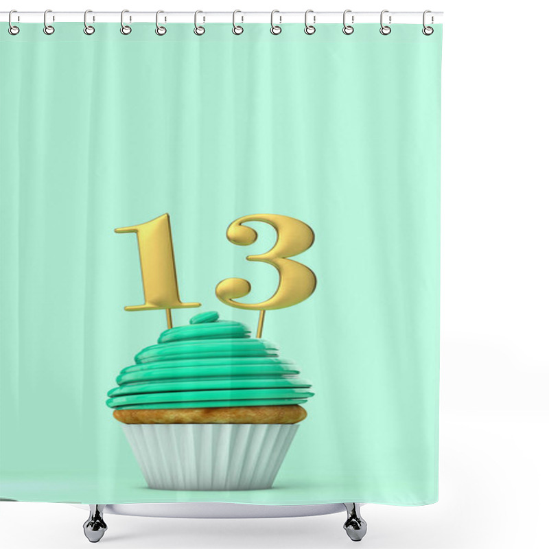 Personality  Number 13 Mint Green Birthday Celebration Cupcake. 3D Rendering Shower Curtains