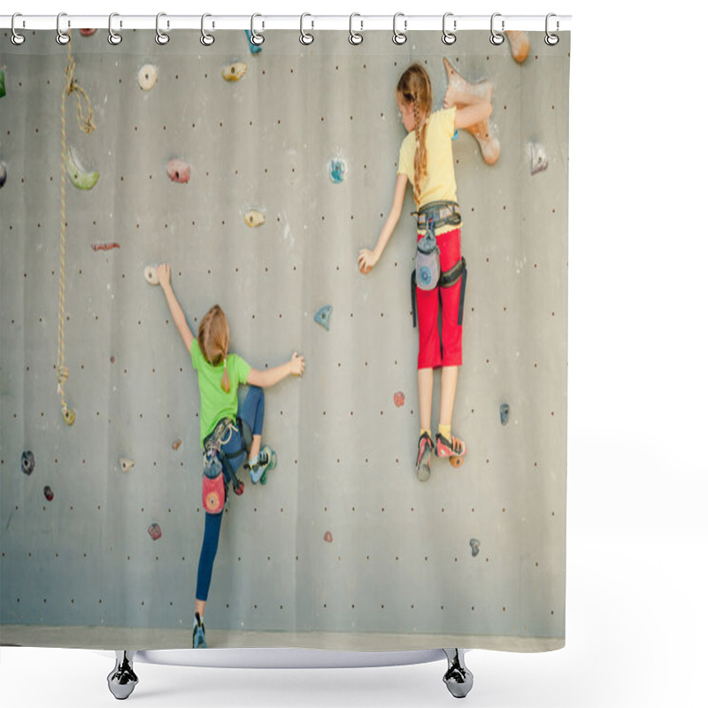 Personality  Two Little Girls Climbing A Rock Wall Shower Curtains