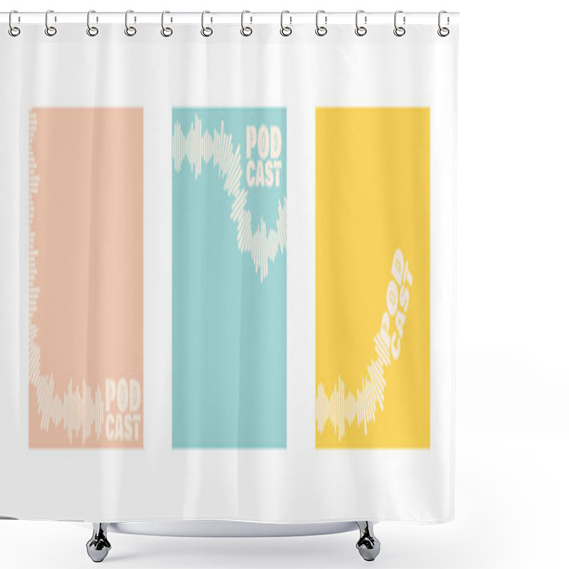 Personality  Set Of Podcast Cover Templates. Stylized Sound Wave, Various Shapes. Soundtrack And Lettering Podcast. Model For Design With Copy Space. Vector Illustration, Retro Pastel Colors. Shower Curtains