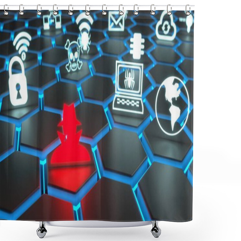 Personality  Red Hacker And White Security Symbols Floating On Black Glowing Hexagon Grid 3D Illustration Shower Curtains