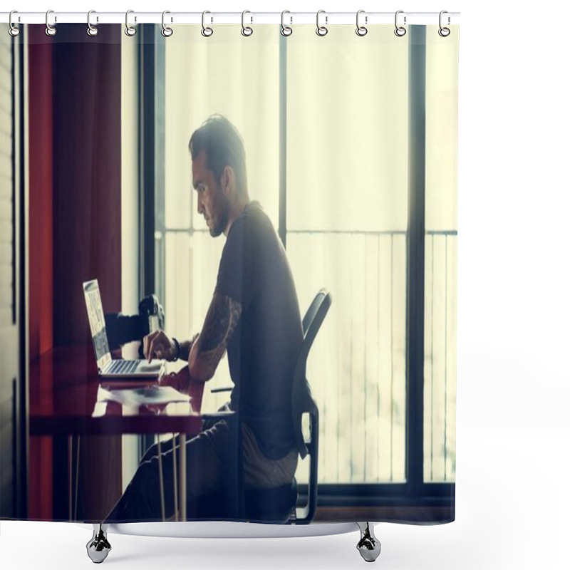 Personality  Man Working On Computer  Shower Curtains