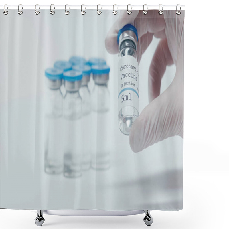 Personality  Cropped View Of Person Taking Bottle With Coronavirus Vaccine Liquid On White  Shower Curtains