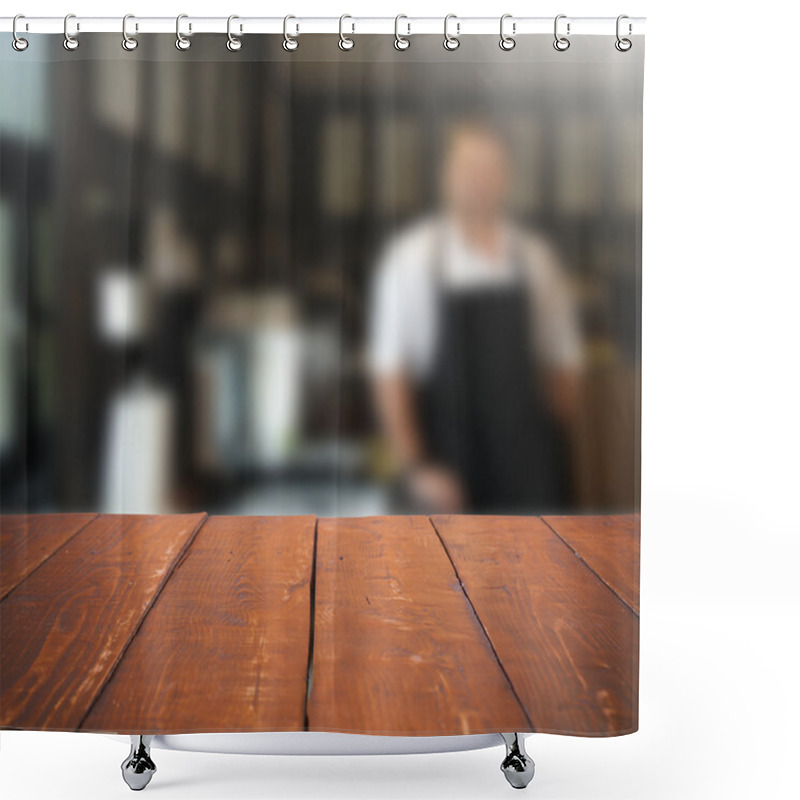 Personality  Empty Table And Blurred People In Cafe Background, Product Displ Shower Curtains