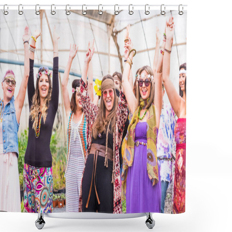 Personality  Group With Many Girls Caucasian Beautiful Models Have Fun Together Celebrating With Colorful Dresses And Friendship All Together. Playing Carrying On The Back And A Lot Of Smiles And Laughs Shower Curtains