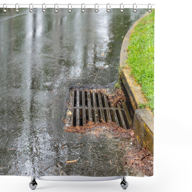 Personality  Metal Storm Drain During A Rain Event With Leaves And Needles Starting To Buildup Around The Edges Shower Curtains