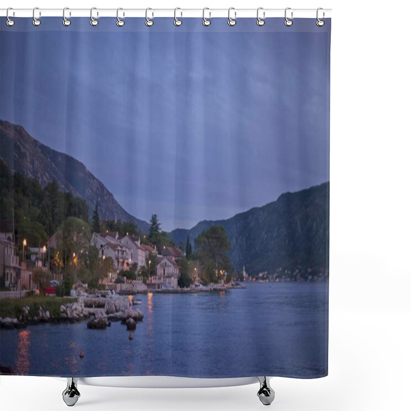 Personality  As Evening Falls, The Tranquil Seaside Village Of Kotor Is Softly Illuminated, With The Calm Waters Of The Bay Reflecting The Last Light Of Day. Shower Curtains