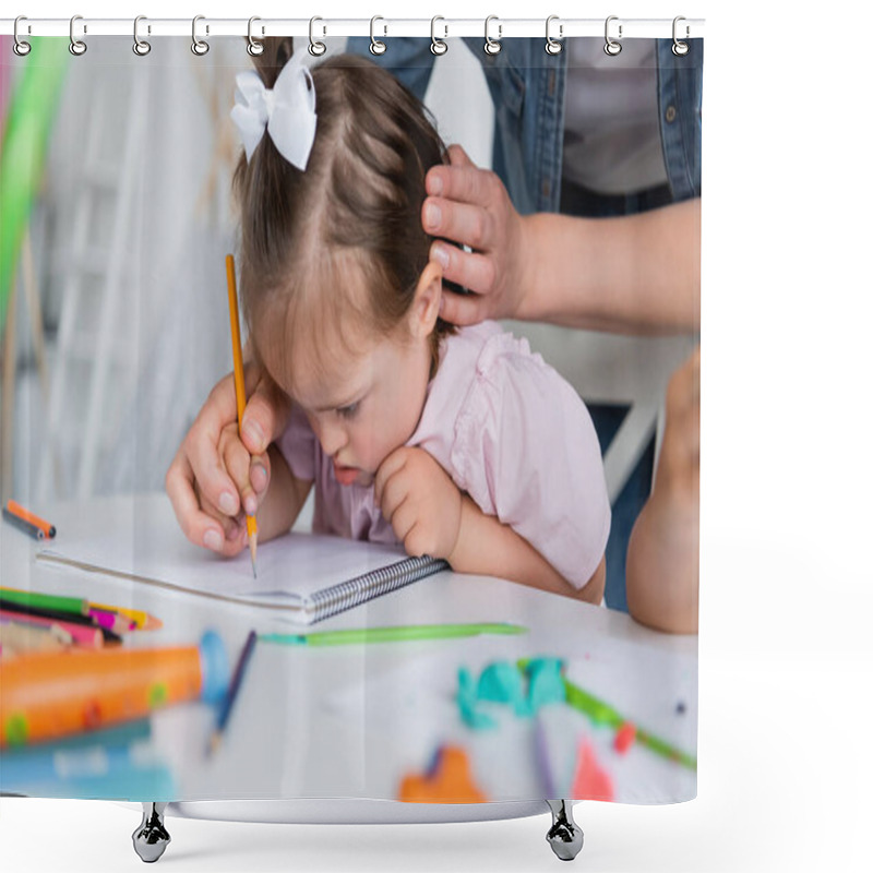 Personality  Teacher Assisting Disabled Girl With Down Syndrome Drawing Near Blurred Child In Private Kindergarten  Shower Curtains