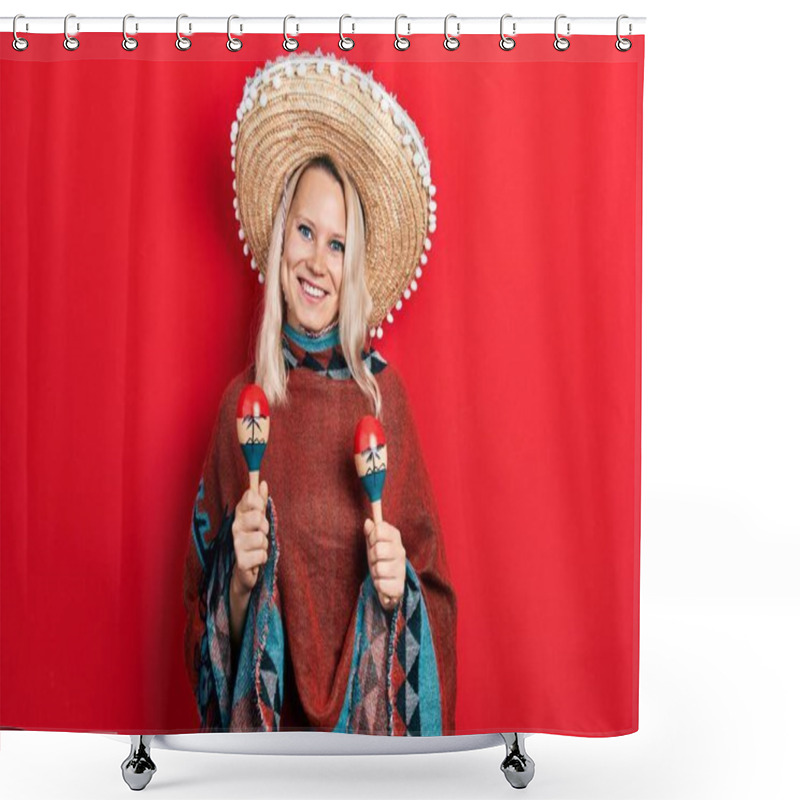 Personality  Beautiful Caucasian Blonde Woman Wearing Festive Mexican Poncho And Maracas Smiling With A Happy And Cool Smile On Face. Showing Teeth.  Shower Curtains