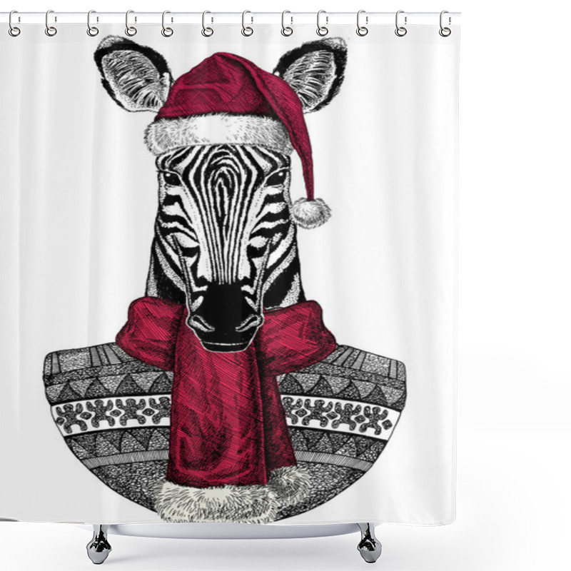 Personality  Portrait Of Zebra Wearing Chrismtas Santa Claus Hat Shower Curtains