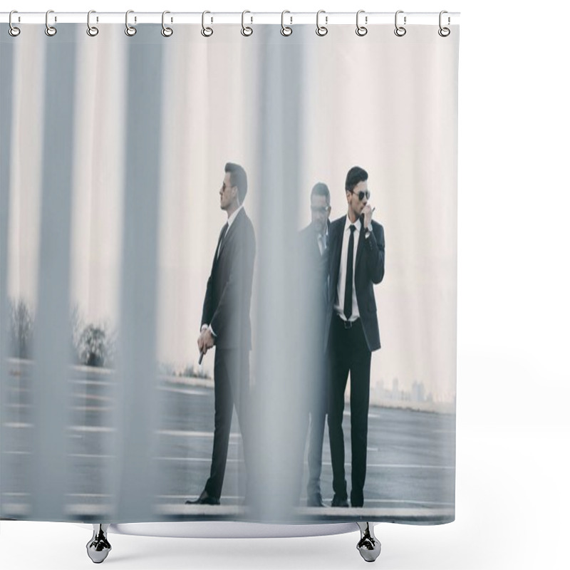 Personality  View Through Fence Of Businessman With Bodyguards Standing On Helipad Shower Curtains