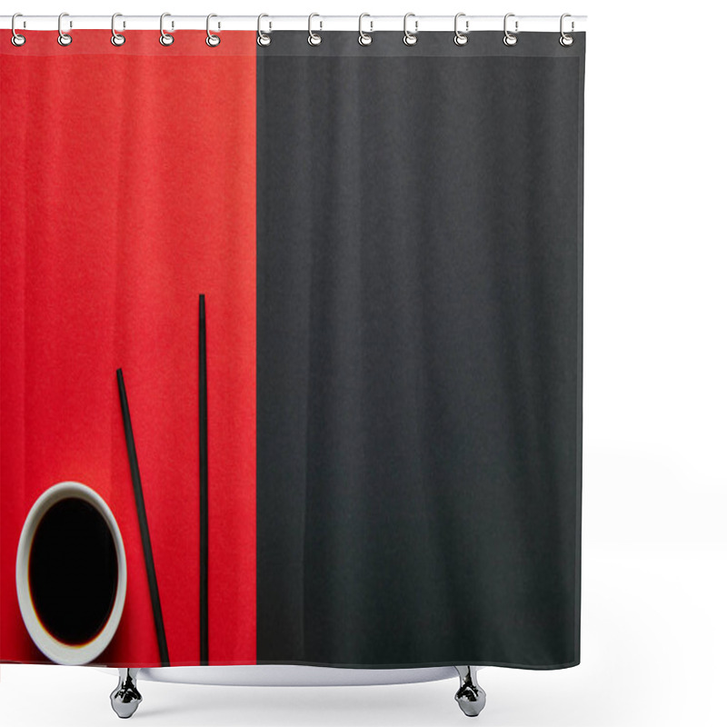 Personality  Top View Of Soya Sauce In Bowl And Chopsticks On Red And Black Background  Shower Curtains