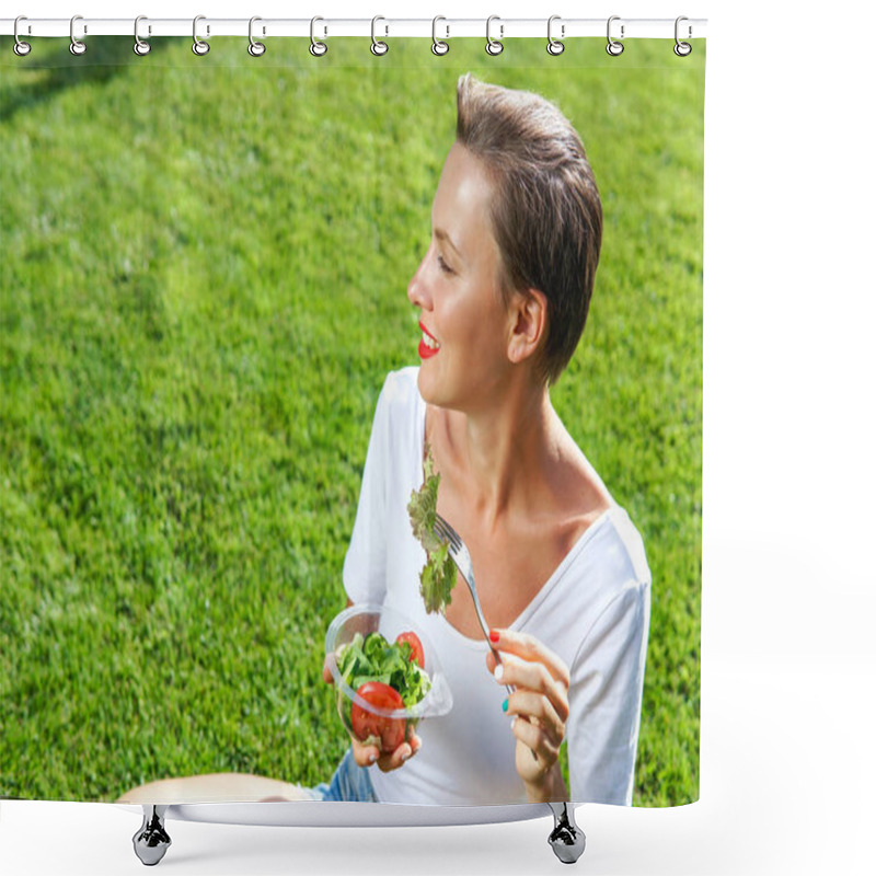 Personality  Portrait Of Attractive Caucasian Smiling Woman Eating Salad Shower Curtains