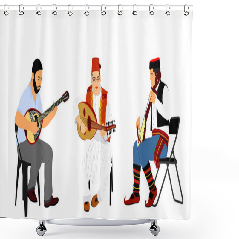 Personality  Greek, Turkish And Balkan Folklore Music Trio. Bouzouki Player And Oriental Balgama, Zurna With Serbian Musician Guslar On Instrument Gusle. Bosnia Folk Artists. Arab Man Play Oud, Lute Or Mandolin. Shower Curtains