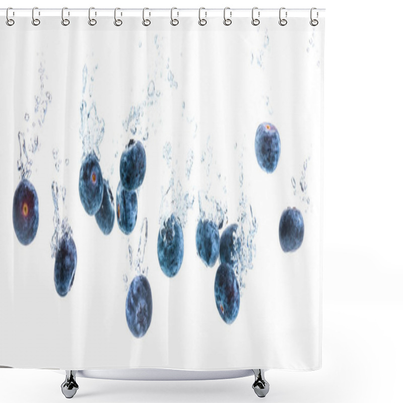 Personality  Panoramic Shoot Of Blueberries Sinking Underwater With Air Bubbles Isolated On White Background. High Resolution Sharp Product Photo. Shower Curtains